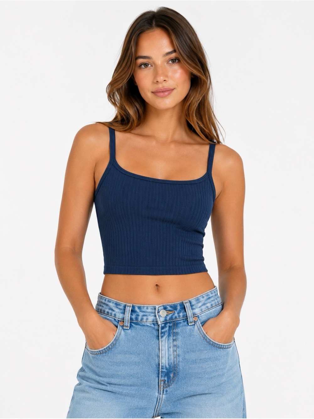 Good American Navy Ribbed Cropped Tank